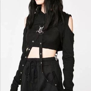 Black Cold-Shoulder Cropped Hooded Sweater with Strap Detail